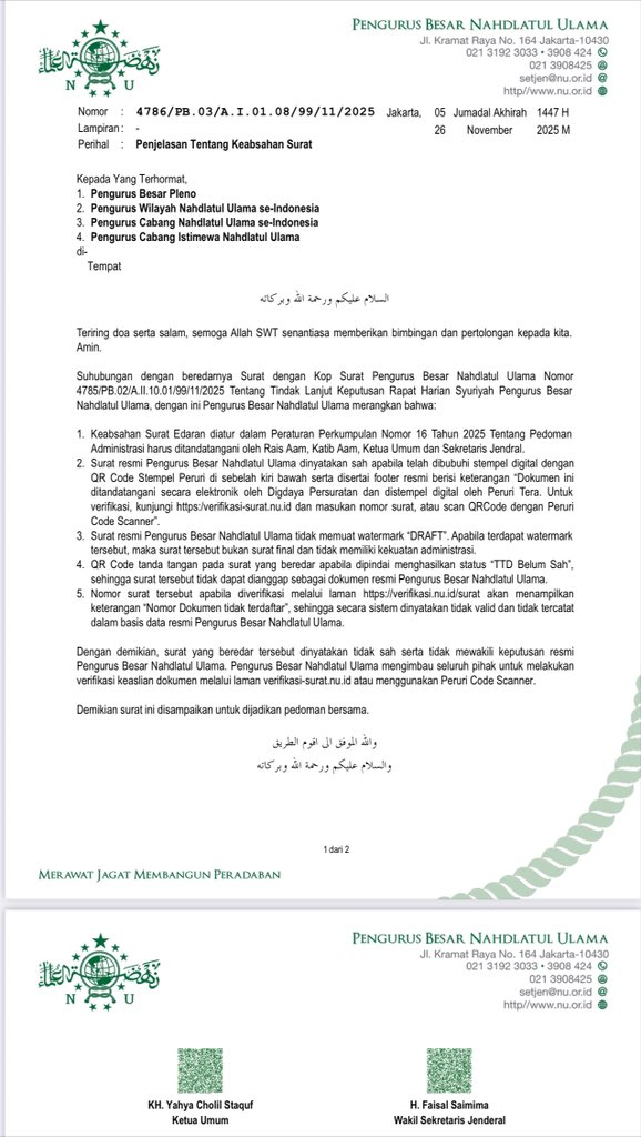 Foto: Surat klarifikasi resmi dari PBNU terhadap  Edaran Syuriyah PBNU tentang pemecatan Ketum PBNU.