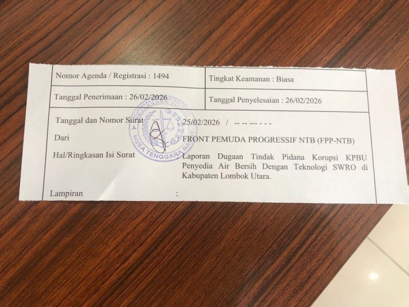 Tanda terima laporan Front Pemuda Progresif dari Kejati NTB.