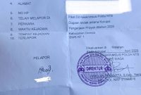 Foto: Tanda bukti laporan pengaduan di Ditreskrimsus Polda NTB terkait dugaan penyimpangan proyek irigasi BBWS NT I di Kabupaten Dompu.(JD09)