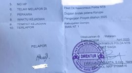 Foto: Tanda bukti laporan pengaduan di Ditreskrimsus Polda NTB terkait dugaan penyimpangan proyek irigasi BBWS NT I di Kabupaten Dompu.(JD09)