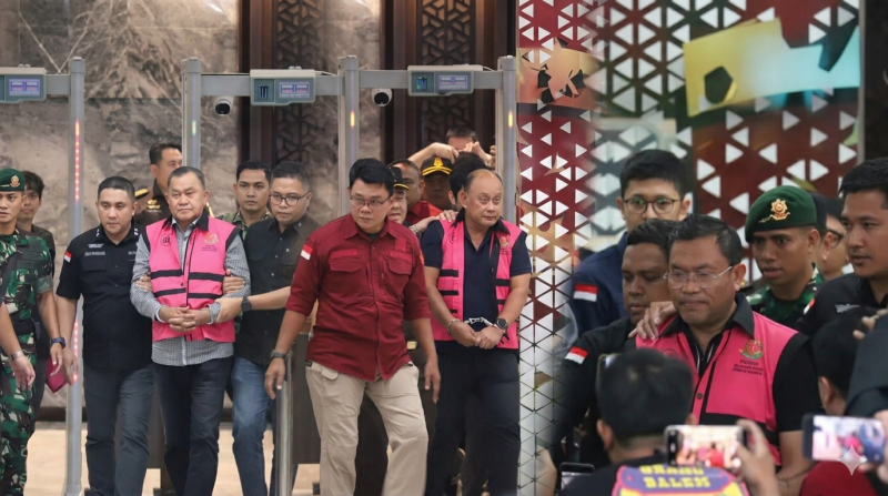 Foto: Mantan Kepala Badan Gizi Nasional (BGN) Dadan Hindayana, bersama Sonny Sanjaya dan Lodewyk Pusung, digiring petugas keluar dari Gedung Bundar Jampidsus dengan mengenakan rompi tahanan khas Kejaksaan Agung, Jakarta, Rabu (3/6/2026). Pihak Kejaksaan Agung masih belum memberikan keterangan resmi terkait konstruksi perkara yang menjerat ketiganya. (Istimewa)