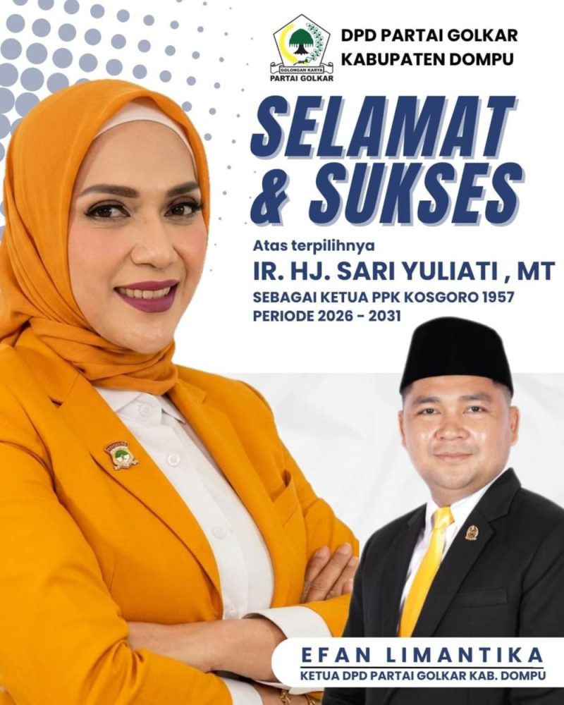 Ketua DPD Partai Golkar Kabupaten Dompu, Efan Limantika (kanan), menyampaikan ucapan selamat kepada Ir. Hj. Sari Yuliati, MT (kiri), yang terpilih sebagai Ketua PPK Kosgoro 1957 periode 2026–2031. (Foto: Istimewa)