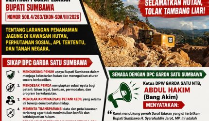 Pamflet resmi pernyataan sikap DPC GARDA SATU Kabupaten Sumbawa dan DPW GARDA SATU NTB menyikapi Surat Edaran Bupati Sumbawa terkait larangan menanam jagung di kawasan hutan dan desakan penertiban tambang liar, Jumat (12/6/2026). (Foto: Dok. GARDA SATU)