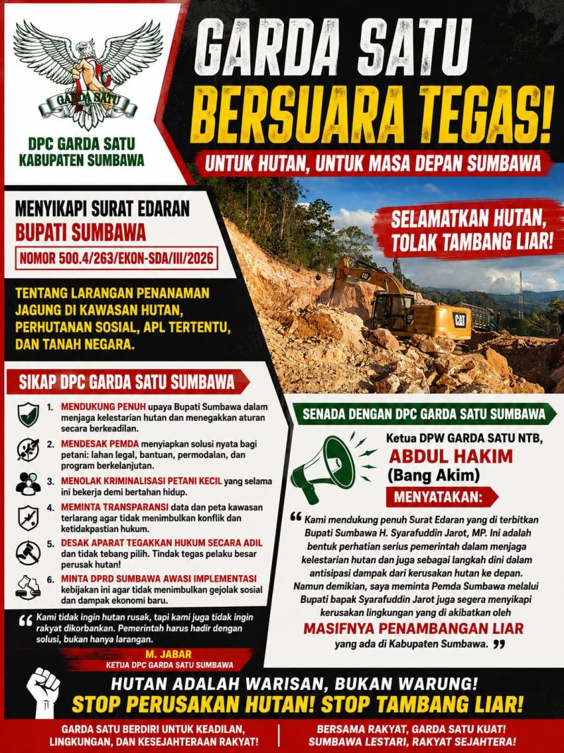 Pamflet resmi pernyataan sikap DPC GARDA SATU Kabupaten Sumbawa dan DPW GARDA SATU NTB menyikapi Surat Edaran Bupati Sumbawa terkait larangan menanam jagung di kawasan hutan dan desakan penertiban tambang liar, Jumat (12/6/2026). (Foto: Dok. GARDA SATU)