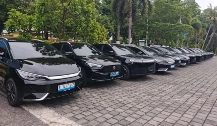 Armada mobil listrik hasil pengadaan sewa Pemprov NTB tahun anggaran 2026. Program ini menuai sorotan hukum setelah dilaporkan ke Kejati NTB dengan dugaan manipulasi lonjakan anggaran dari Rp 8,3 miliar menjadi lebih dari Rp 14 miliar, di tengah temuan bahwa pemda masih memiliki ribuan unit kendaraan dinas aktif. (Foto: Dok. Suara NTB)