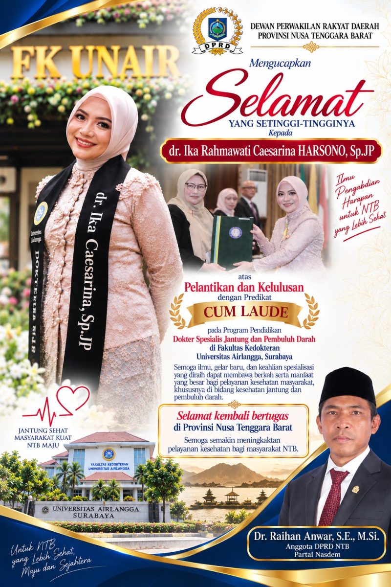 Poster ucapan kelulusan dr. Ika Rahmawanti Caesarina Harsono, Sp.JP dari FK Universitas Airlangga oleh Anggota DPRD NTB Raihan Anwar.(Dok.Istimewa)